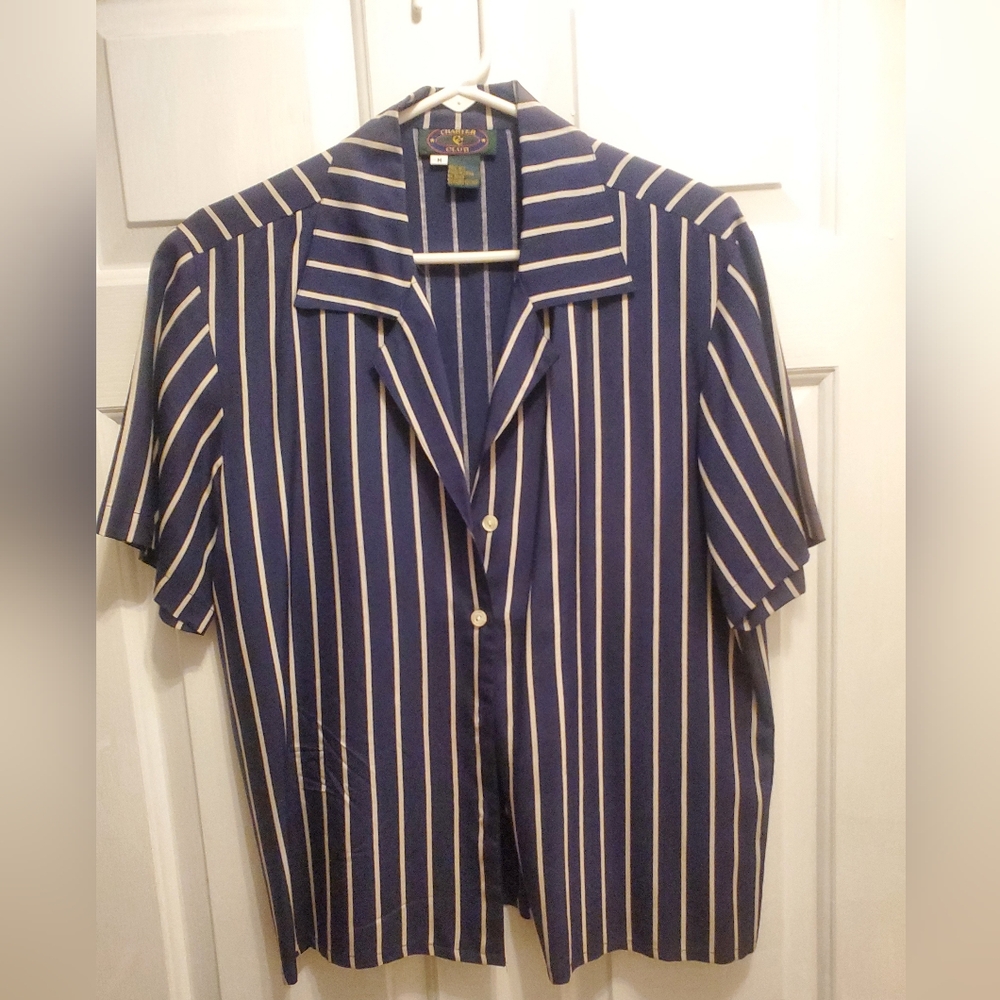 Charter Club 100% Silk Blouse Shirt Navy and Ivory Womens M